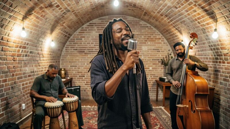 Un cantante con i dreadlocks canta a occhi chiusi in una cantina con la volta di mattoni, accanto a un percussionista ai djembe e a un contrabbassista, sotto lampadine dalla luce calda