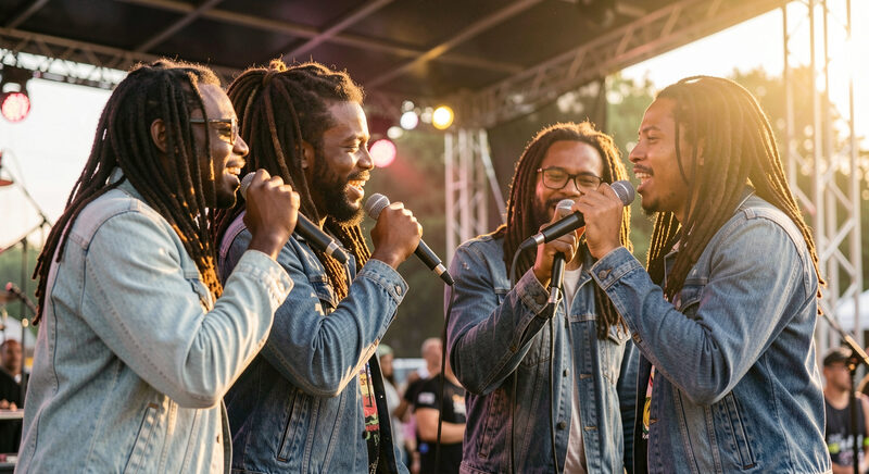 A five-piece vocal group singing in harmony on a festival stage with warm golden backlight.